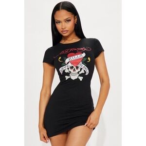 Ed Hardy Love Kills Slowly Rhinestone Graphic T-Shirt Mini Dress Black 1X Plus